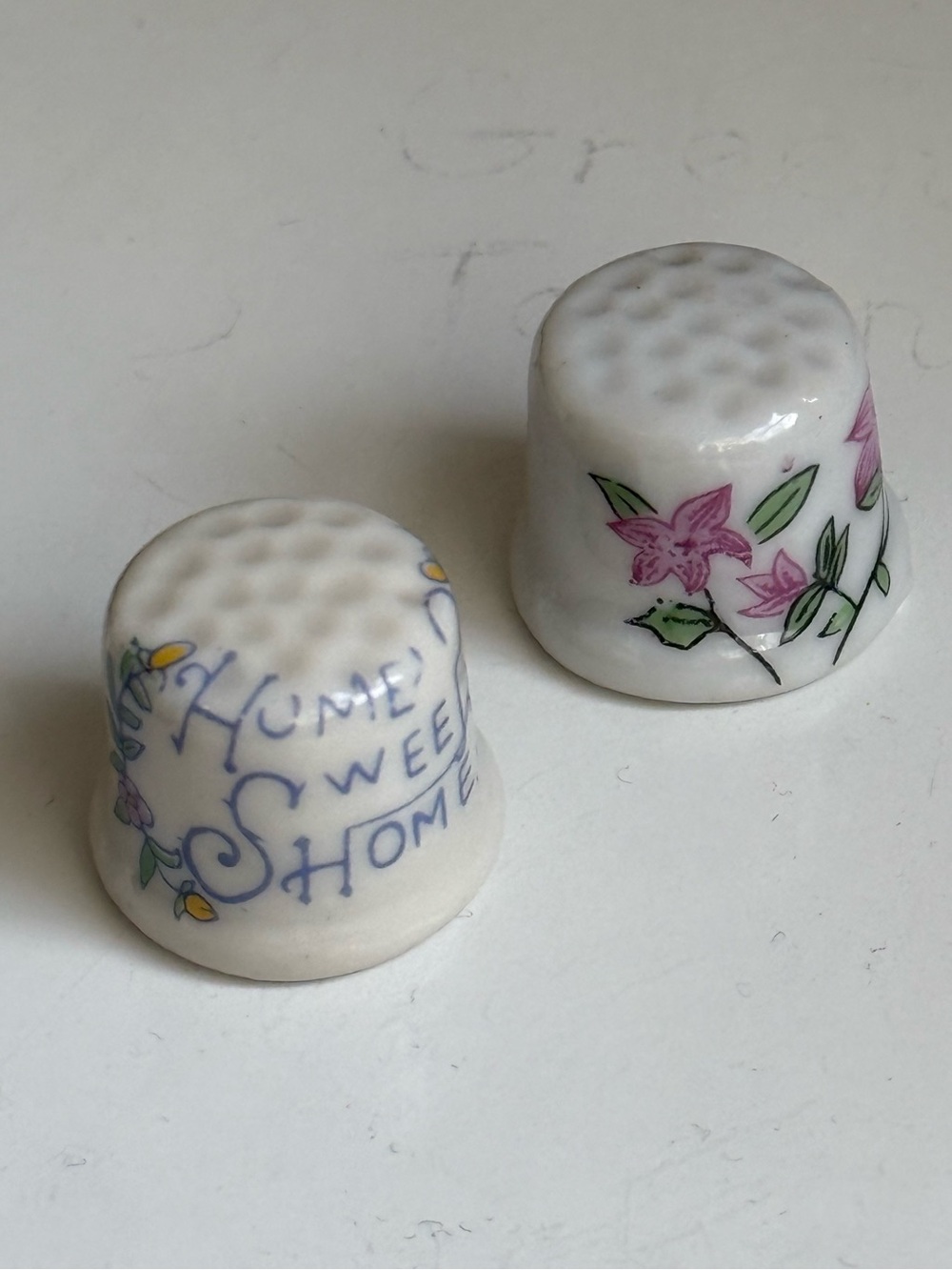 Set of 2 Vintage Dutch Porcelain Floral Home Sweet Home Sewing Thimbles
